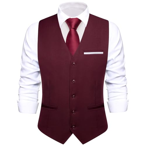 Image of Hi-Tie Men's Formal Suit Vest Solid Fit Vest for Men 3 Pockets V Neck Waistcoat Business Wedding Casual