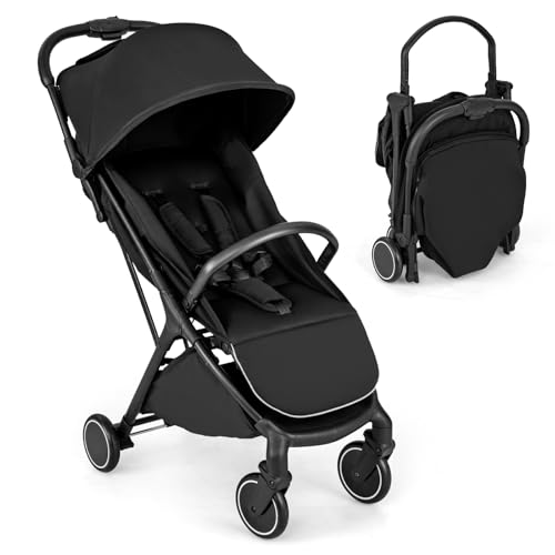 COSTWAY Cochecito Ligero para Bebé, Silla de Paseo Plegable con una Mano, Cochecito Compacto de Viaje, Cochecito Portátil para Niños con Respaldo Reclinable, Capota y Reposapiés Ajustables