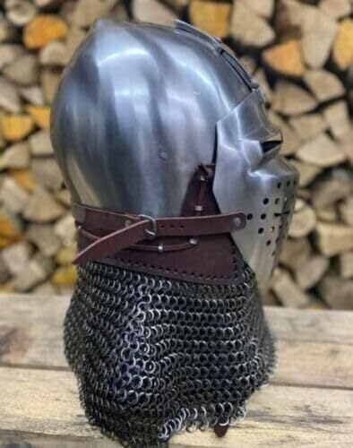 Bascinet Spoleto 18 Gauge Steel Helmet Armored Combat & Reenactment Helmet | LARP Battle Armor with Chainmail Helmet