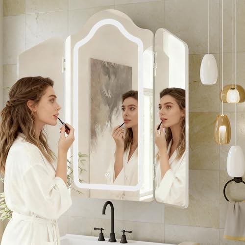 Armario de medicamentos con espejo LED de tres posiciones para baño, montaje en pared o empotrado, con luces integradas y espejo, estantes ajustables, 3 colores ajustables, blanco miniatura 3