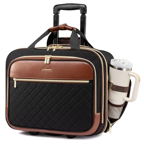 LOVEVOOK Rolling Laptop Bag Women, 17.3 Inch Laptop Briefcase with Wheels, Soft Sided Underseat Carry On Luggage Personal Item Suitcase for Work Travel Business, Black Brown
