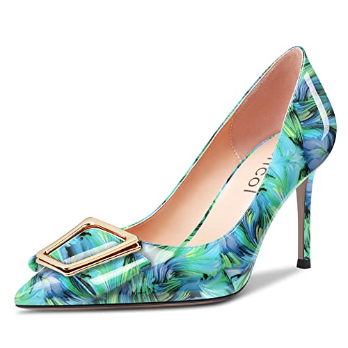 Aachcol Mujer Aguja Alto High Heel Pumps Slip-on Puntiaguada Punta Dress Zapatos Oficina Fiesta de Boda Charol Verde Multicolor b 8 CM 43 EU