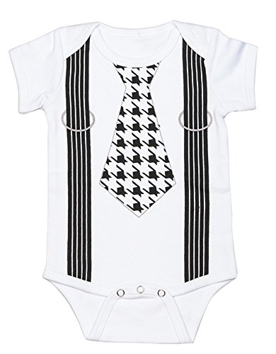 Image of Ganz Newborn Baby Boy Diaper Shirt Houndstooth Tie & Suspenders, 0-6 Months White/Black