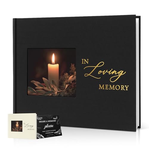 Image of Funeral Guest Book, in Loving Memory Sign in Book with Photo Slot | 330 Entries, Table Sign Card Included, Gold Stamping, Twill-Textured Paper Cover, Celebration of Life Keepsake, 9x7.5 inch, Black