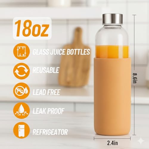 Image of Luxfuel 18 oz Glass Water Bottles with Lids and Silicone Sleeve 10 Pack | Leak Proof Stainless Steel Lids, BPA Free, Reusable Glass Bottles for Juicing, Smoothies & Refrigerator, Dishwasher Safe