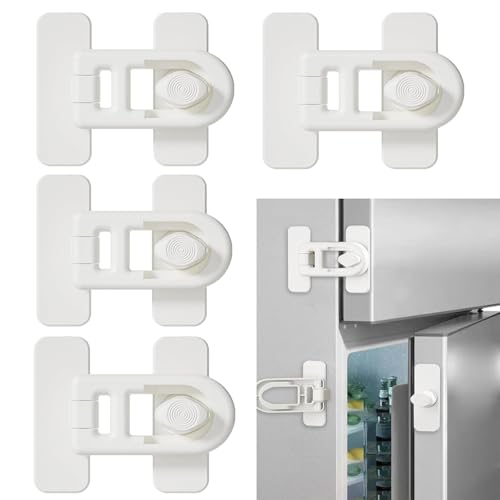 MEISO 4 Piezas Cerraduras para Refrigerador a Prueba de Niños, Cerradura Nevera, Seguridad Puertas Niños Autoadhesivo, Cierre Seguridad Cajones Ajustable, para Armarios, Cajones, Frigoríficos (Blanco)