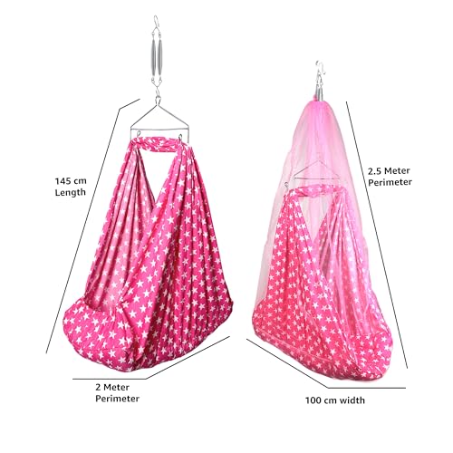 Image of beetot 4 in 1 Baby Cradle Set Swing /Jhula (Thottil Cloth, Palna, Dolna) | Hanging Cradle with Removable Bed, Mosquito Net, Spring, Triangle Hanger | Up to 15 kg | 0-2 Years | PRE-DRK Pink-Star Print