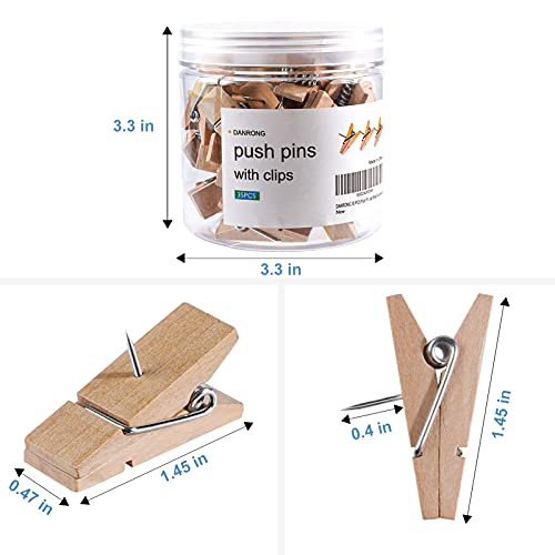 DANRONG 35 PCS Push Pins with Clips, Non-Separation Design, Decorative Wooden Thumb Tacks - No Holes for Documents, Paper, Notes, Photos - Cork Board/Bulletin Board Accessories