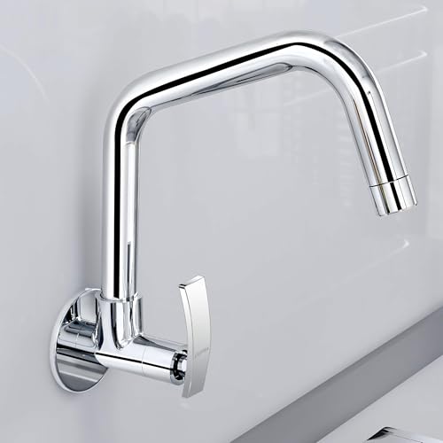 Image of Plantex Sink tap for Kitchen Basin /Pure Brass Kitchen Tap with Brass Wall Flange and Water Saving Nozzle /Tap for Wash Basin /Kitchen Faucet (Chrome, ZUR-1508)