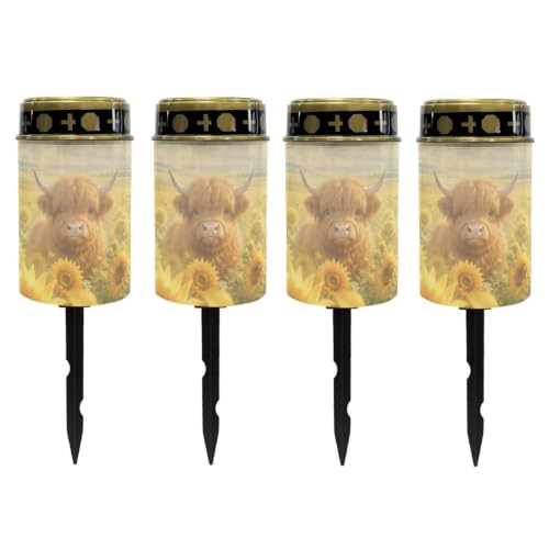 Image of Poceacles Outdoor Lights Solar Grave Candle Solar Cemetery Candles LED Automatic Outdoor Flameless Cemetery Lights for Loss of Dad, Sunflower Highland Cow, Set of 4