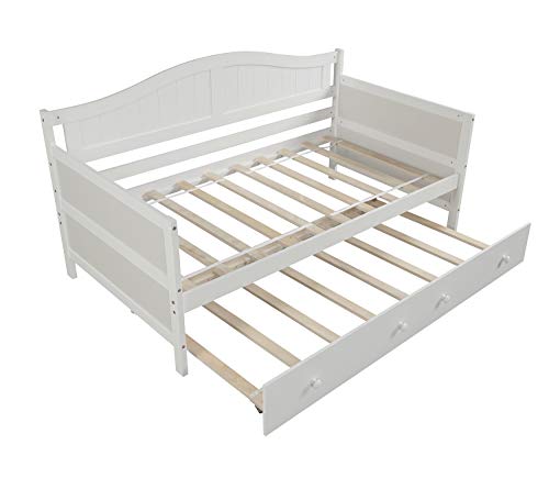 Windaze Twin Daybed with Trundle, Solid Wood Platform Bed Frame for Kids Teens and Adults with Slats Support No Box Spring Needed, White