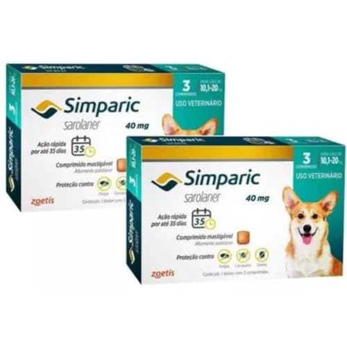 Simparic Antipulgas para Cães de 10 a 20kg, Comprimidos Mastigáveis, 40mg, Kit com 2 Unidades de 6 Comprimidos