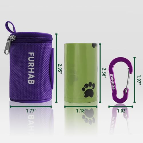 Image of FURHAB Dog Poop Bag Holder for Leash Doggie Waste Bag Dispenser Soft Fabric Puppy Potty Carrier Small Doggy Zipper Pouch with Carabiner Clip 1680D Nylon Oxford with 1 Roll of Pet Trash Bags, Purple