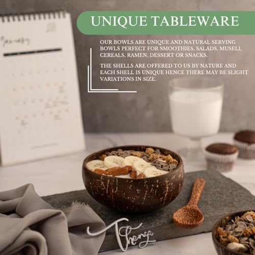 Image of Thenga Coconut Shell Bowl + Spoon Set | 500 ML Eco-Friendly Handmade Natural Bowls for Smoothies, Cereals, Salads & Snacks | Toxin-Free Tableware - Pack of 2 with Wooden Spoons