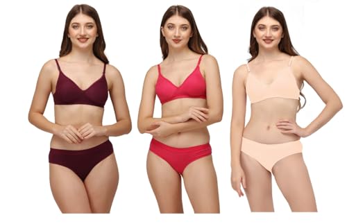 Image of EL DINERO Women's Full Comfort Cotton Blend Chami Bra & Panty Set - Breathable Stretch Innerwear Combo, Seamless Fit, Soft Fabric Lingerie Set (Pack of 3)
