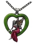 Masada Jewelry, Green Enamel Heart Fairy with 4 Lavender Gems, Pendant, on 24 Inch Chain Necklace
