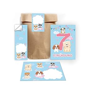 Lot de 12 cartes d’invitation pour 7ème anniversaire d’enfant Motif chiens et filles Avec 12 enveloppes et 12 sachets…