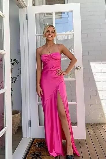 Prom Dresses for Women Satin Spaghetti Straps Long Mermaid Pleated Formal Bridesmaid Dresses for Wedding