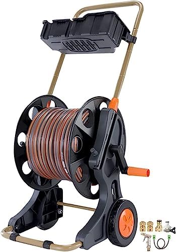 Outdoor Portable Hose Cart with Wheels - Movable Garden Hose Reel for Easy Watering & Car Washing - Black, Includes 50m Hose Storage Rack