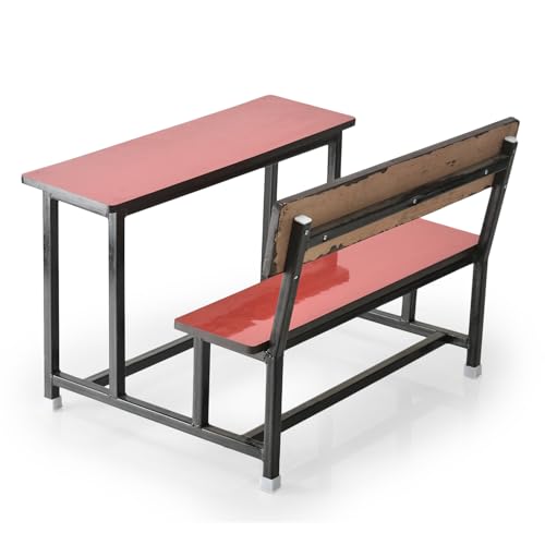 Image of GOYALSON School Home Tution College Bench Duel Desk Student Bench Cum Duel Desk Strong and Sturdy Metal Standard Structure with Wooden Top (2, Red, Small Students with Back)