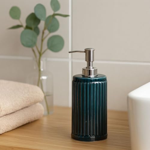 Image of Ceramic Soap Dispenser 330ml (Set of 1) | Refillable Liquid Hand Wash & Lotion Pump Bottle for Bathroom, Kitchen, Spa, Hotels, Office | Premium Ceramic Bathroom Accessory | Green