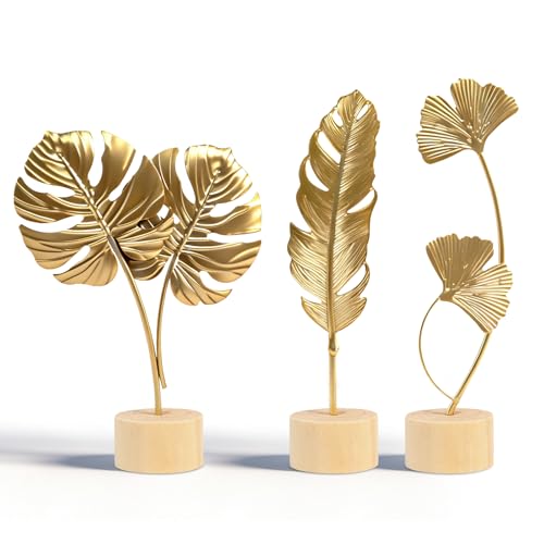 prota 3 Stück Ginkgoblatt Deko Ginkgo Blatt Monstera Feder Statue Deko Eisen Blumenarrangement Metall Blumendekoration Kreatives Handwerk mit Holzsockel für Home Büro Schlafzimmer Wohnzimmer
