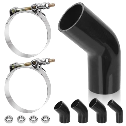 Swpeet 7 tubos de silicona reforzados de 4 capas con codo de 63 mm a 45 grados, con abrazadera para tubo en T de 72-80 mm y kit de tuercas hexagonales de 6 mm, tubo de silicona pura para vehículos
