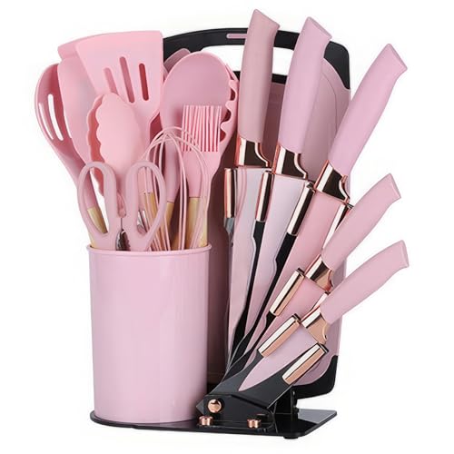 Küchenmesser Set 19-in-1, Küchenutensilien Set und Messer Set mit Block, schließen 11-PCS Silikon Kochutensilien Set 5 PCS Scharfe Edelstahl Kochmesser Schere und Schneidebrett ein (Rosa)