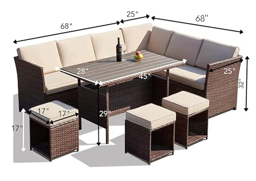 Image of DEVOKO 6 PCS L-Shape Wicker Patio Dining Sectional Conversation Sofa Set and Wooden Top Dining Table, Ottomans and Cushions (Dark Brown & Cream)