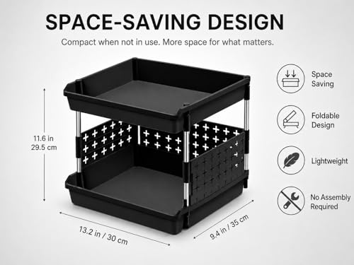 Image of KITCHIVO Multipurpose Storage Rack Organizer with Stainless Steel Pipes | Heavy Duty Plastic Shelf Stand for Kitchen, Bathroom, Laundry & Pantry (Black, 2 Layer)