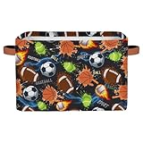 Sports Ball Storage Basket, Cool Basketball Football Soccer Print Fabric Organizer with Leather Handles...