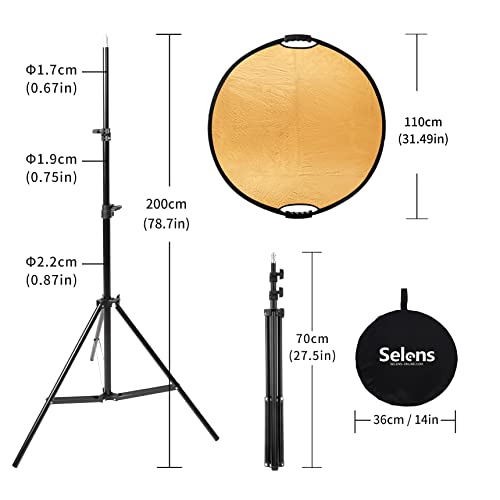 Selens 5 in 1 Fotografie Runder Reflektor 110CM mit Lichtstativ 200CM Kit für Fotostudio Portrait Fotografie, Runder Reflektor Diffusor Gold/Silber/Weiß/Schwarz/Transparent