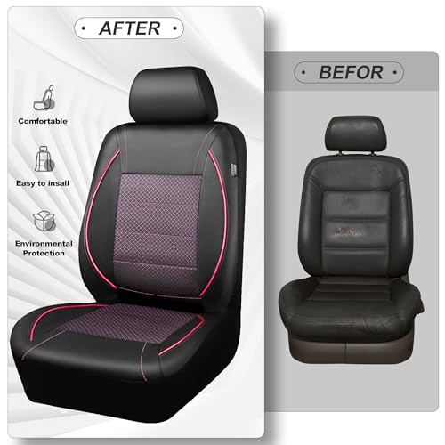 Image of CAR PASS Piping PU Leather Car Seat Cover Full Set,Inside Zipper Design and Reserved Opening Holes,Airbag Compatible,Universal FIT for Car, SUVs,Van,Trucks(Full Set, Black & Pink)