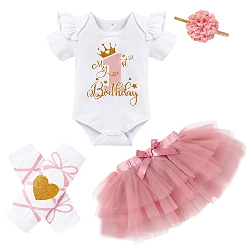 Image of GRNSHTS Baby Girl Birthday Cake Smash Outfit Toddler Girl My 1st Birthday Romper Tutu Skirt with Headband Clothes Set