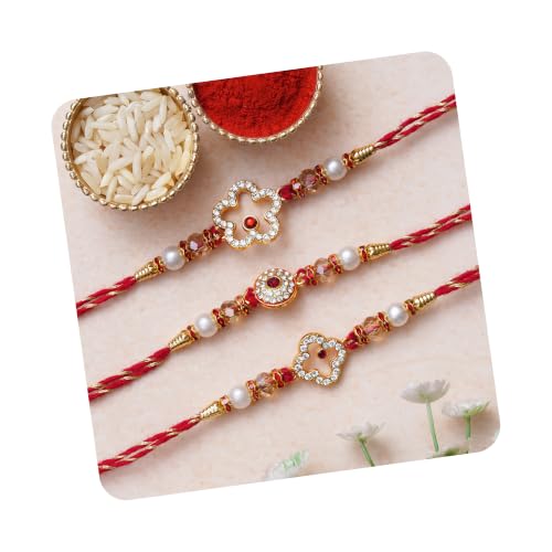 Image of eCraftIndia Set of 3 Rakhi Combo Hamper | Om Krishna Peacock Feather Lord Ganesha Silver Religious Designer Rakhis | Roli Chawal Pack