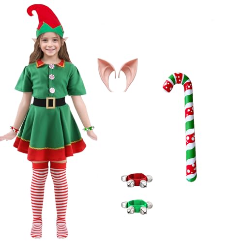 Disfraz de elfo navideño para mujer, hombre y niños, disfraz de elfo para Navidad, disfraz de elfo gnomo con vestido, pantalones, gorro, orejas de elfo para fiesta navideña (niña, 130)
