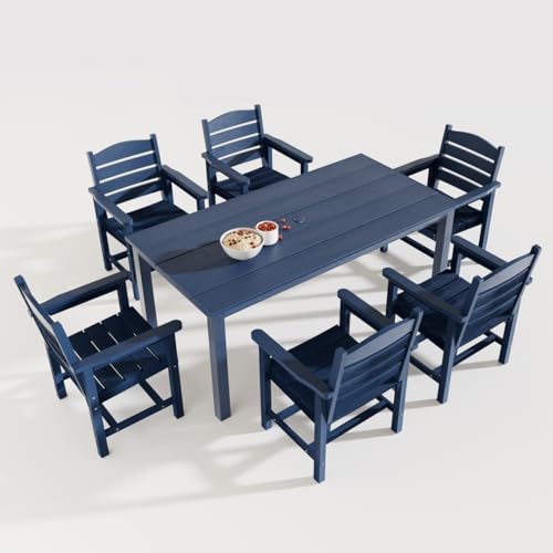 Mosbrisa Poly Lumber Patio Dining Set, HIPS Outdoor 70.9-Inches Dining Table and Ladder Back Chairs, with Umbrella Hole, Weather Resistant (Navy Blue, 7 Piece)