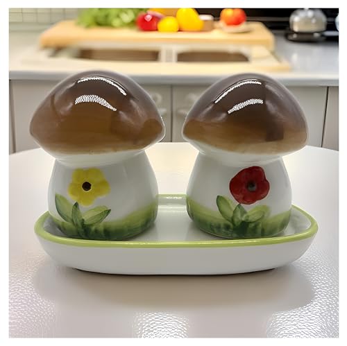 Esparcidor de pimienta de cerámica salada en forma de fresa, juego de 2 piezas | Latas de suministro de especias - Decoración hecha a mano para tu cocina (seta)