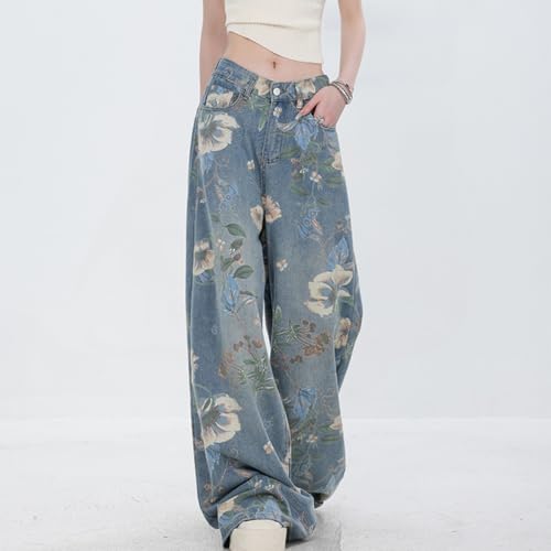 Women's Fashion High Waist Wide Leg Denim Pants Casual Y2K Streetwear Vintage Flowers Printed Baggy Jeans4