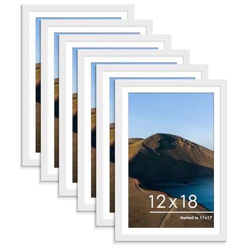 Image of PEALSN 12x18 Picture Frame Set of 6, Display Pictures 11x17 with Mat or 12x18 without Mat for Wall Mounting Display, Photo Frames Collage for Wall Decor, White.