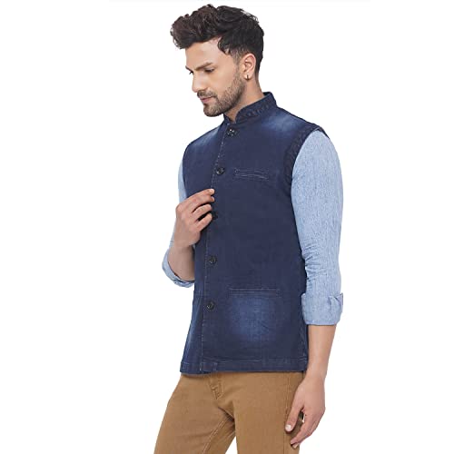 Image of JOHN PRIDE Men Regular Size Solid Navy Blue Denim Nehru Jacket (JPRNJ14003 Navy Blue)