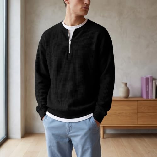 faweinjia Mens Waffle Long Sleeve Shirt 1/4 Zip 2 in 1 Faux Layered Sweater - image 2