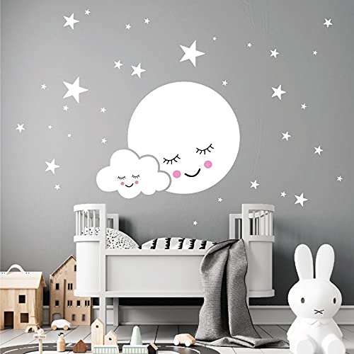 Sticker mural pour chambre d'enfant Motif lune et nuage avec étoiles Blanc