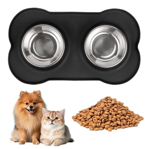 Set di 2 Ciotole per Gatti e Cani, Ciotola per Gatti in Acciaio Inox, Ciotole Gatto, Ciotola Cani per Cibo Secco e Umido, con 1 Tappetino Antiscivolo in Silicone (42 x 26 cm)