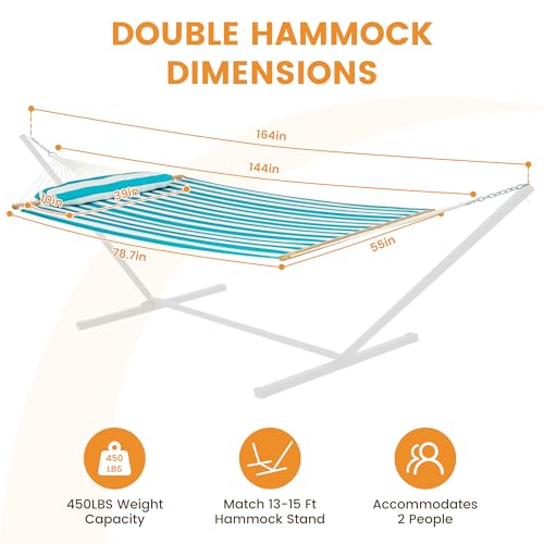 Image of Lazy Daze Hammocks 12FT Quilted Fabric Double Hammock with Spreader Bars and Detachable Pillow, 2 Person Hammock for Outdoor Patio Backyard Poolside, 450 LBS Weight Capacity, Sailor Stripe
