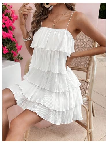 MakeMeChic Women's Summer Beach Spaghetti Strap Sundress Flowy Layer Ruffle Hem Cami Short Dresses4
