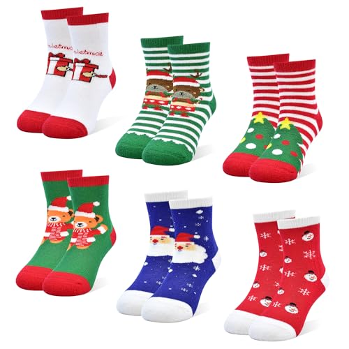 Christmas Socks Kids Socks Children Xmas 6 Pairs Toddler Socks Gift Warm Winter Crew Socks for Boys Girls 0-9 Years