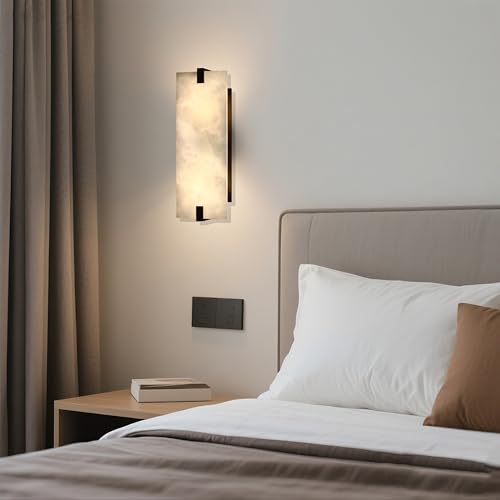 Image of 2 Light 15.7 inch Natural Square Alabaster Marble Bathroom Wall Sconce Modern Concise Style Wall Light Fixture,Oil Rubbed Bronze Finish for Bedroom Hallway Bedside Living Room