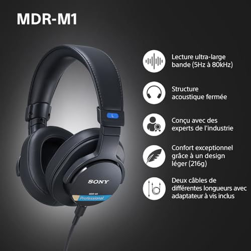 Sony MDR-M1 : Casque de Studio fermé - Filaire, Lecture à Bande ultralarge (5Hz-80kHz), idéal pour l'enregistrement et Le mixage en Studio, Conception légère (216g), Noir