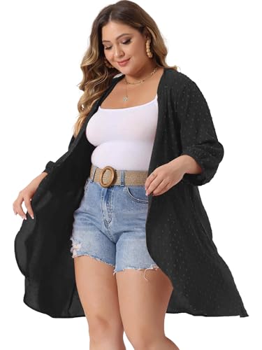 Image of Agnes Orinda Plus Size Cardigan for Women Open Front 3 /4 Sleeve Swiss Dots Lightweight Casual Cover Up
